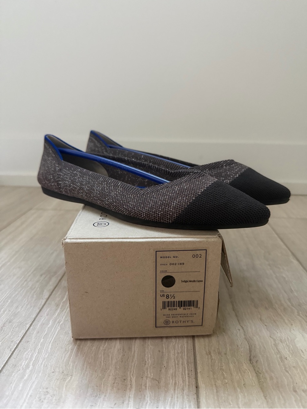Rothy's Pointed flats in Twlight Metallic Captoe, size 8.5